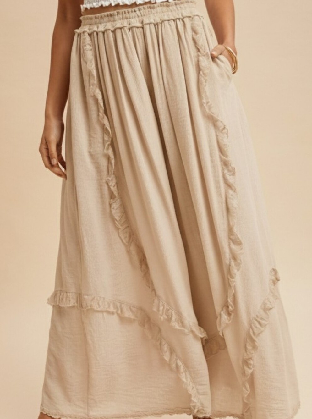 211 | Lace Ruffle Trim Crinkle Palazzo Pant- Cream